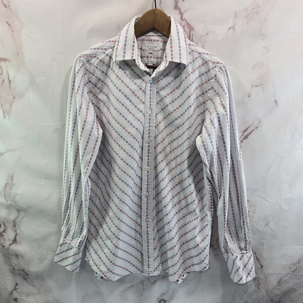 Ted Baker Shirt Mens Small 3 White Embroidered Long Sleeve Button Up